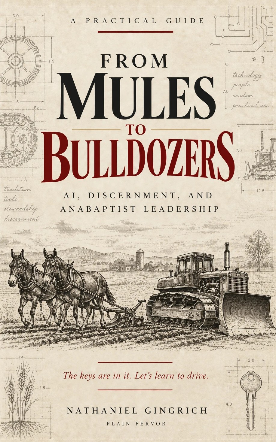 Cover of From Mules to Bulldozers: Artificial Intelligence, Discernment, and Anabaptist Leadership, by Nathaniel Gingrich. An engraving of two mules plowing beside a bulldozer. The keys are in it. Let&rsquo;s learn to drive.